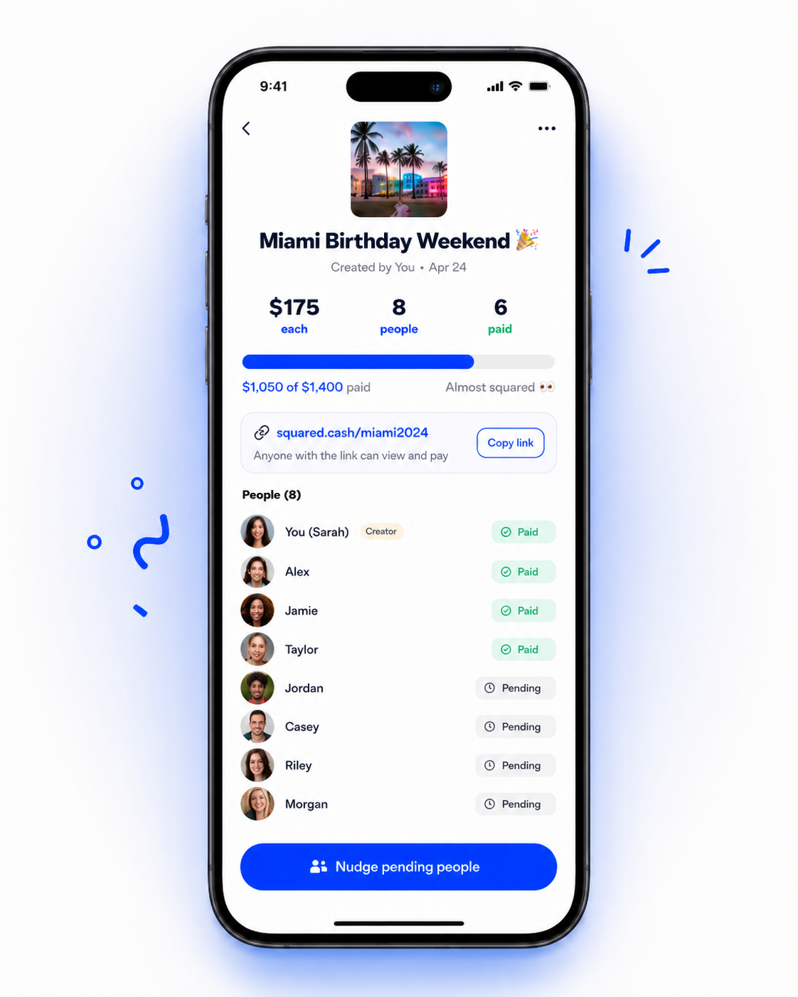 Squared app showing the Miami Birthday Weekend pool with paid and pending members.